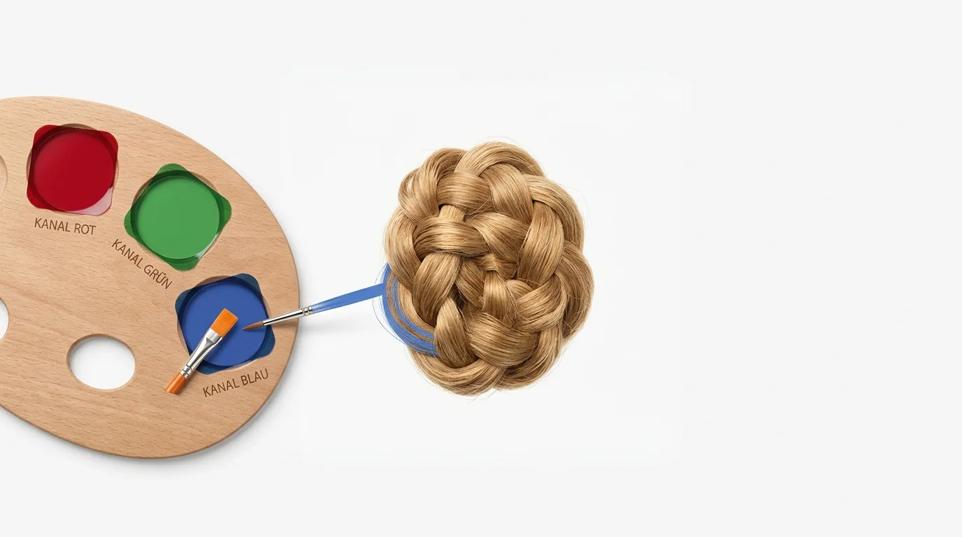 Farbpalette mit RGB-Farben, zwei Pinsel und ein blondes Haarknotengeflecht auf weißem Hintergrund