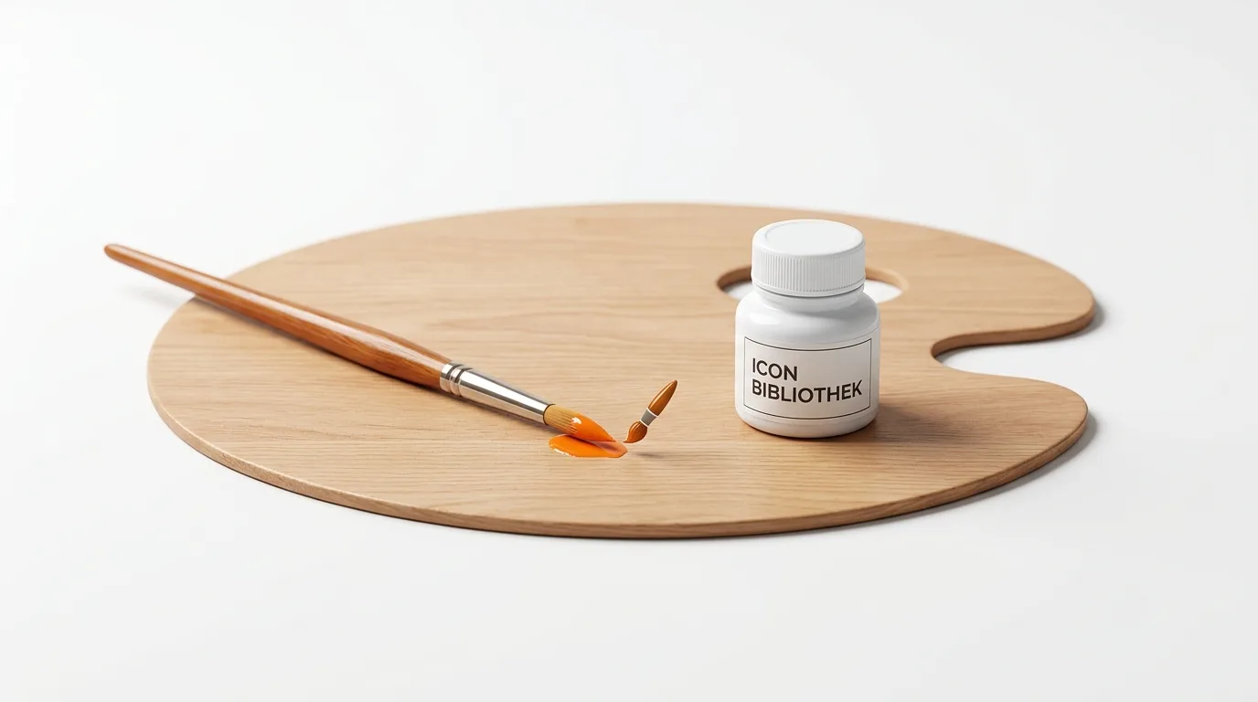Pinsel, orange Farbe und Dose mit Aufschrift auf Holzpalette vor weißem Hintergrund
