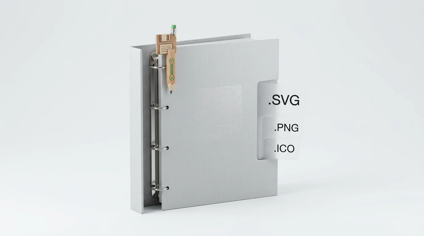 Grauer Ordner mit Stift, Disketten-Lesezeichen und drei Register-Tags (.SVG, .PNG, .ICO)