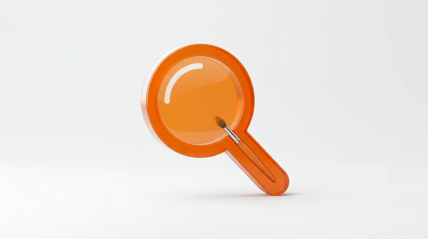 3D-Rendering einer orangefarbenen Lupe mit einem kleinen Pinsel darauf vor weißem Hintergrund