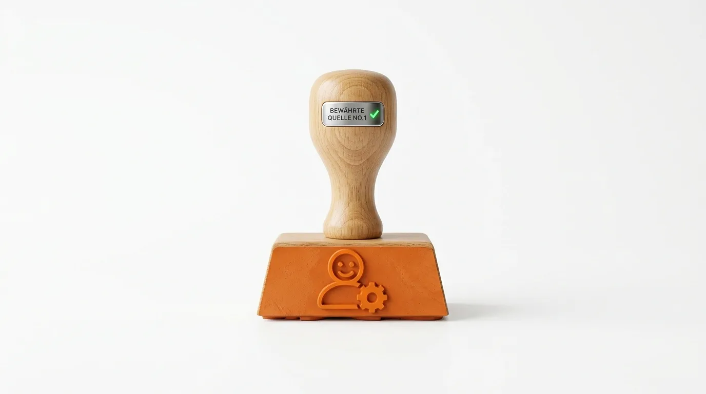 Holzstempel mit Text oben und unten sowie einem Personen- und Zahnrad-Symbol auf Orange