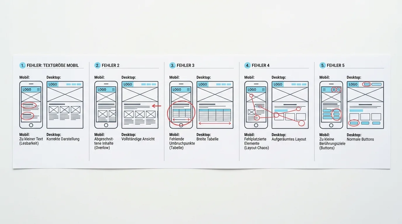 Bildvergleich von Webdesign-Fehlern auf Mobil/Desktop, markiert mit roten Kreisen