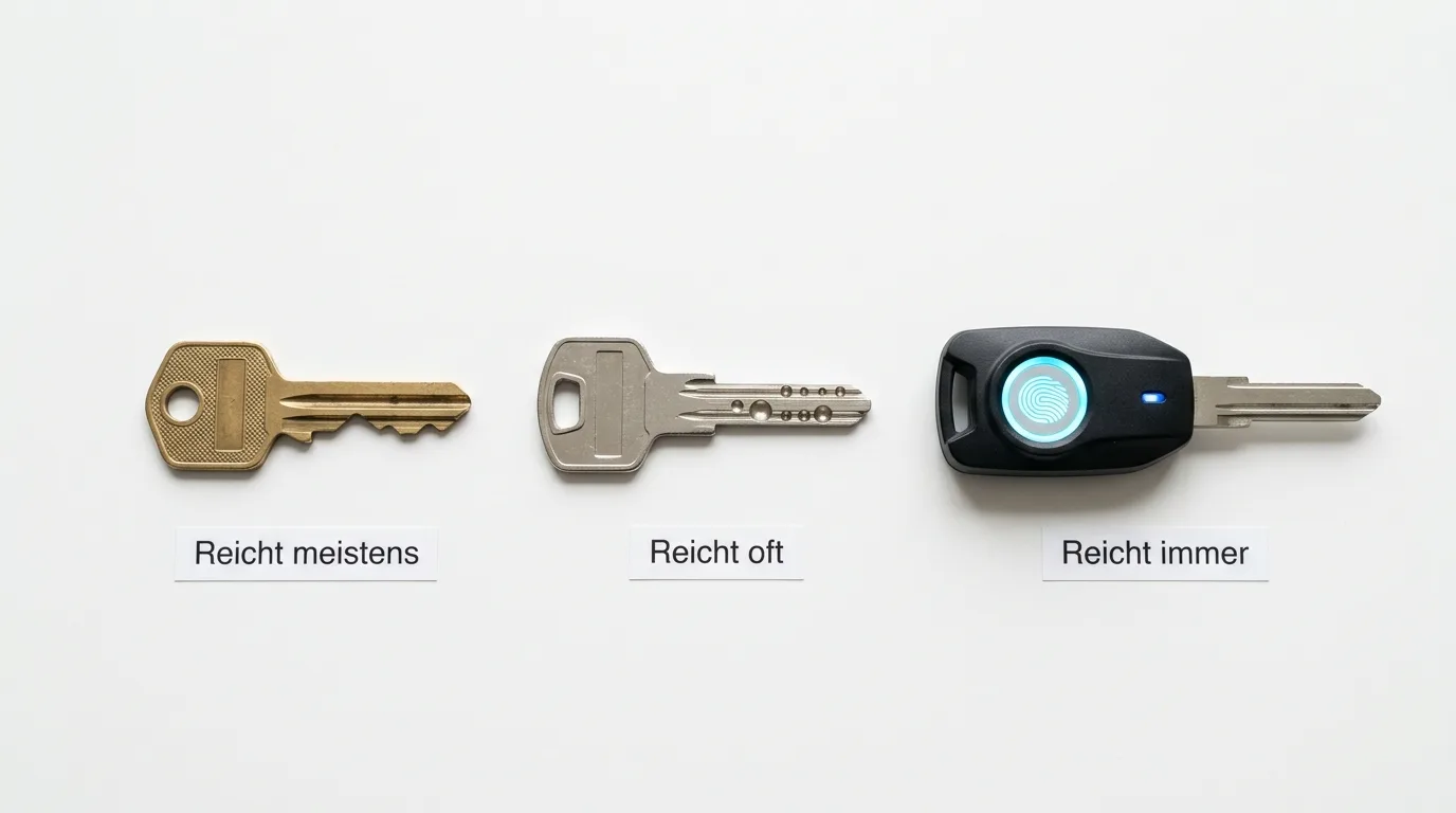 Drei Schlüsseltypen mit Beschriftungen: einfach, Sicherheit, elektronisch mit Fingerabdruck