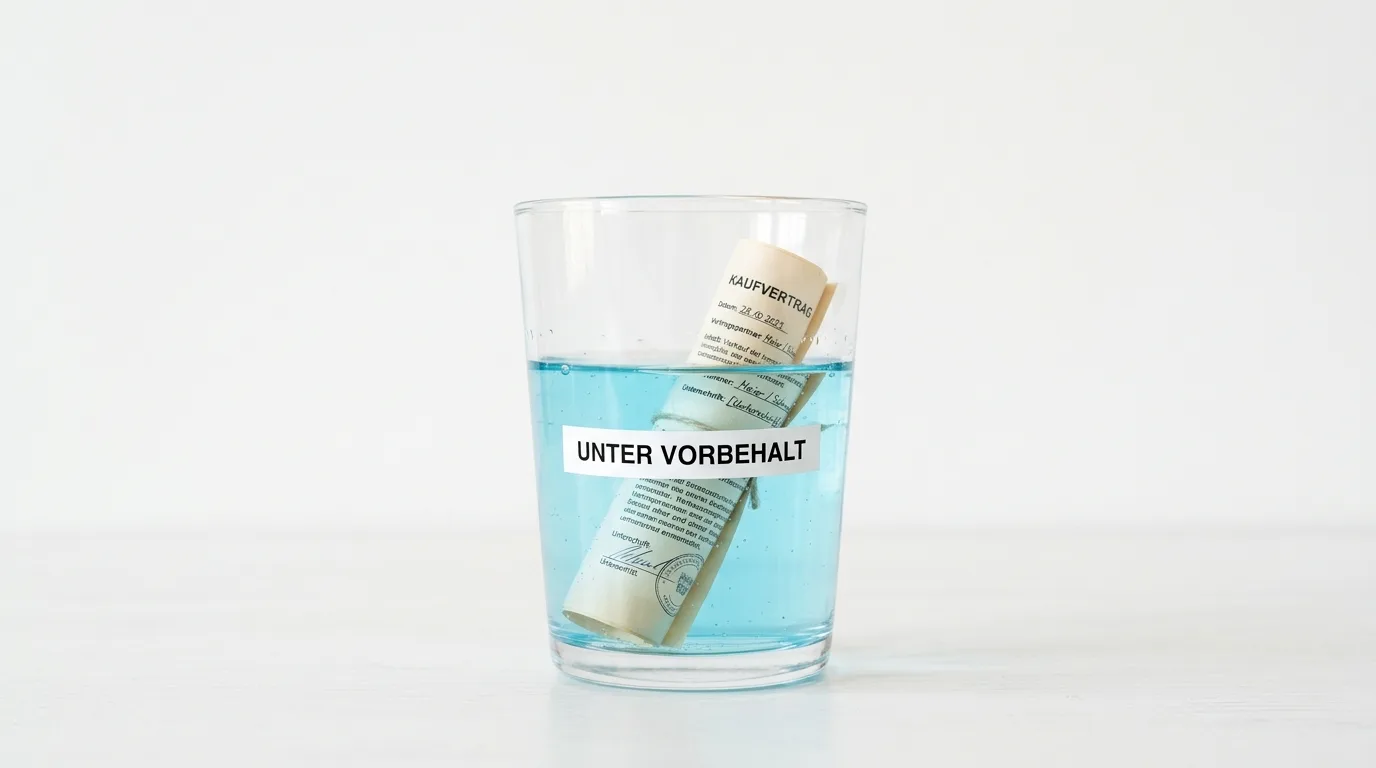 Gerolltes Dokument mit der Aufschrift „Kaufvertrag“ im Glas mit blauer Flüssigkeit