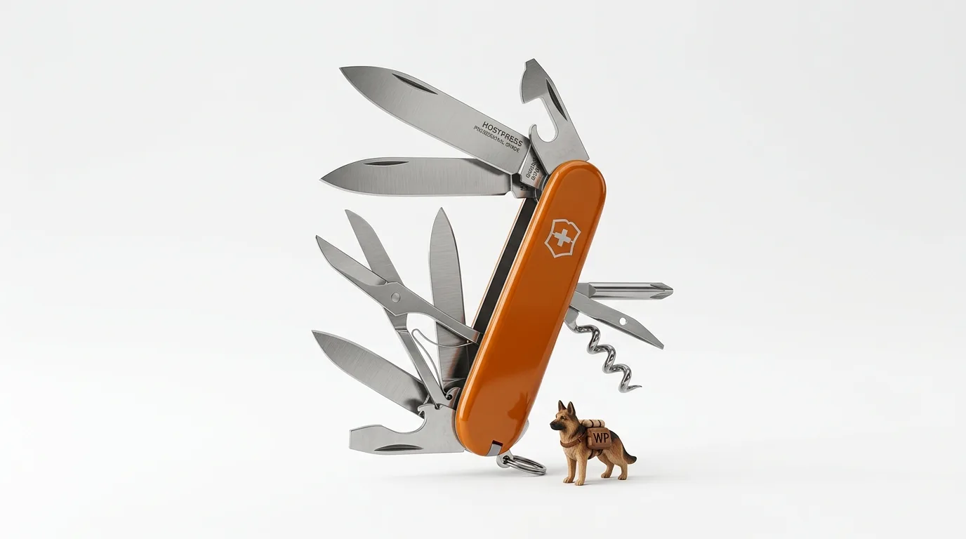 Oranges Taschenmesser mit ausgeklappten Werkzeugen und Miniatur-Schäferhund auf Weiß