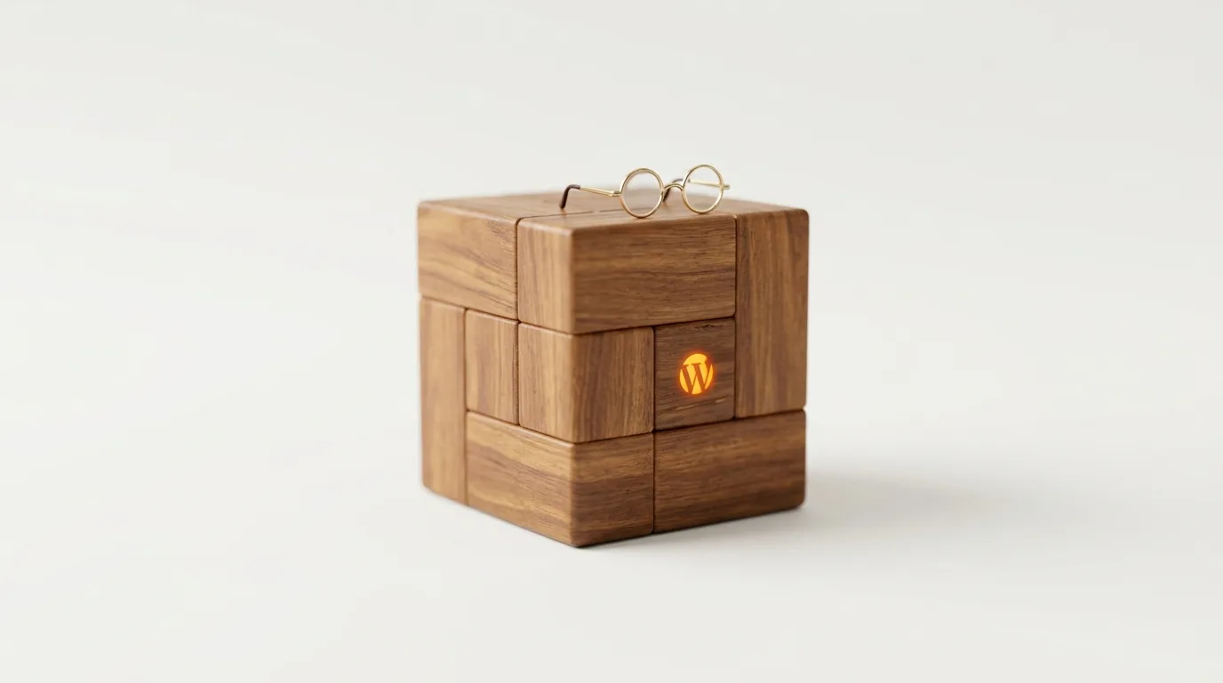 Ein Holzwürfel mit leuchtendem WordPress-Logo und einer Brille darauf