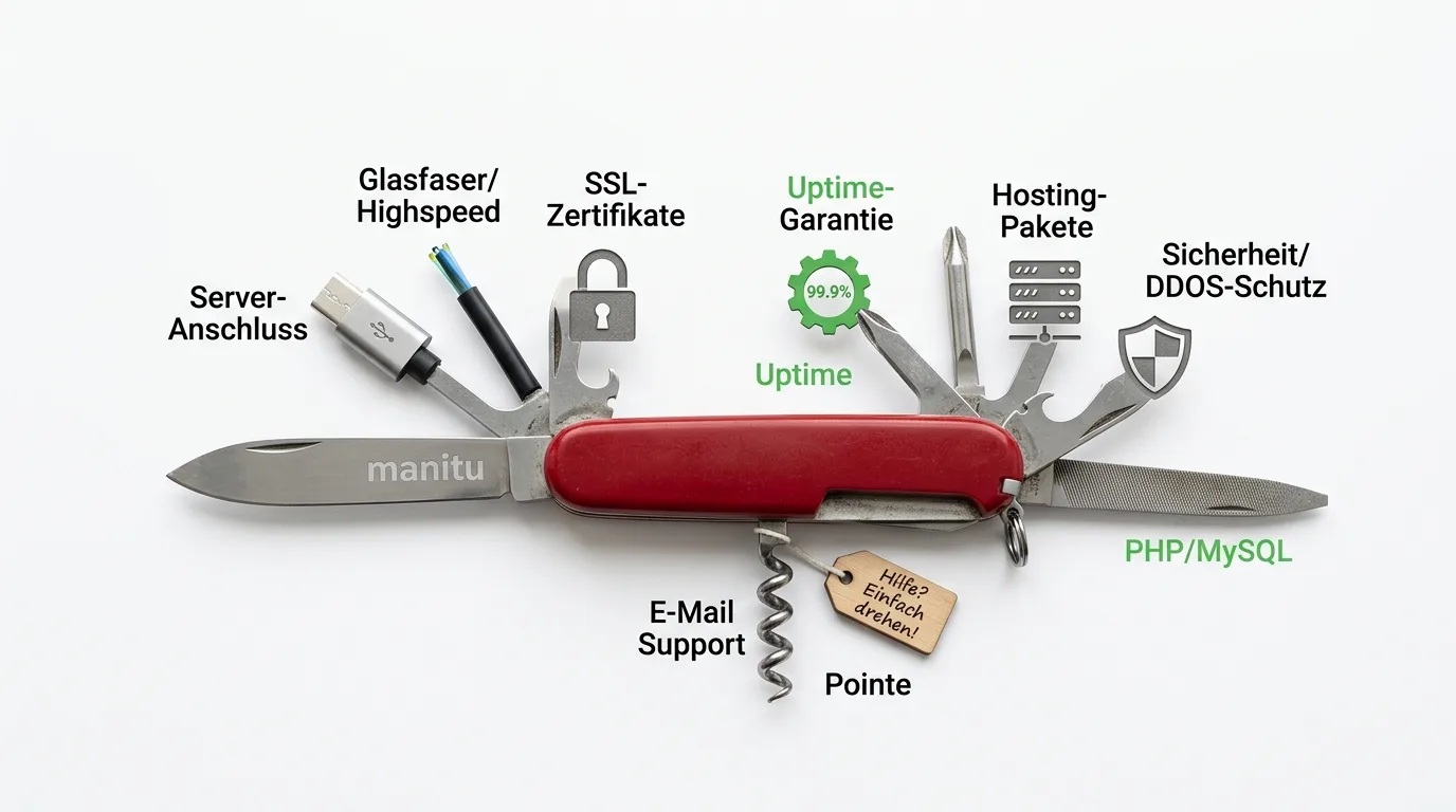 Schweizer Taschenmesser, dessen Werkzeuge durch Hosting-Spezifikationen und Icons ersetzt sind