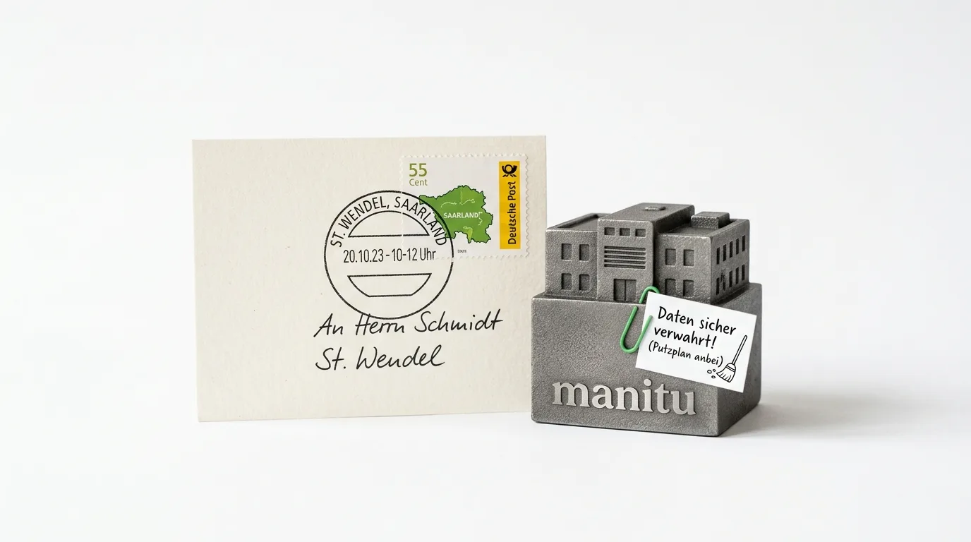 Brief und Metallmodell eines Gebäudes mit Schriftzug