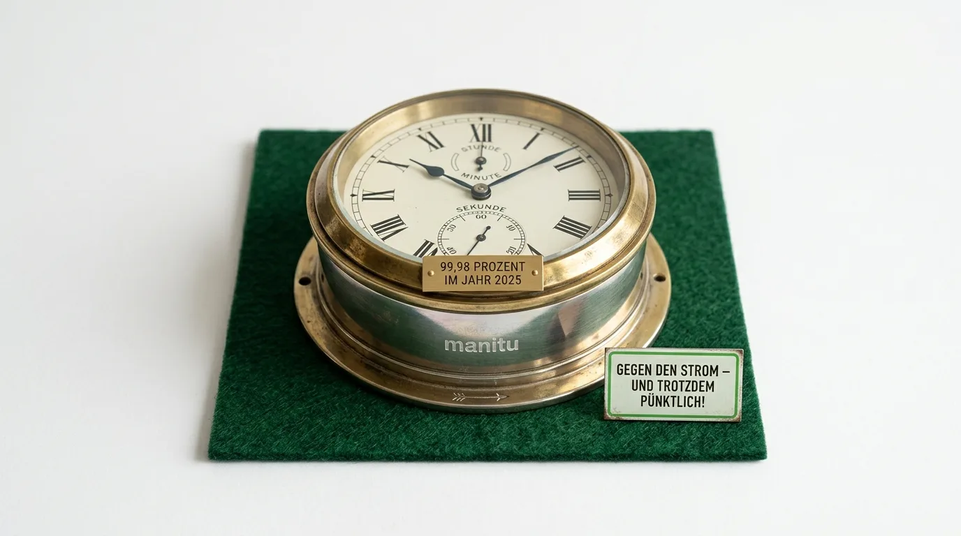 Metallene Uhr auf grünem Filzuntersetzer mit zwei deutschen Textplaketten und Logo