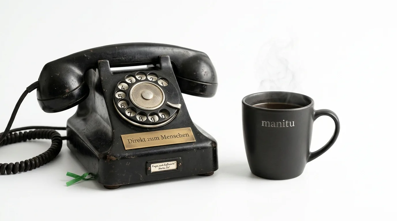 Ein altes schwarzes Wählscheibentelefon und eine dampfende Tasse Kaffee auf weißem Hintergrund