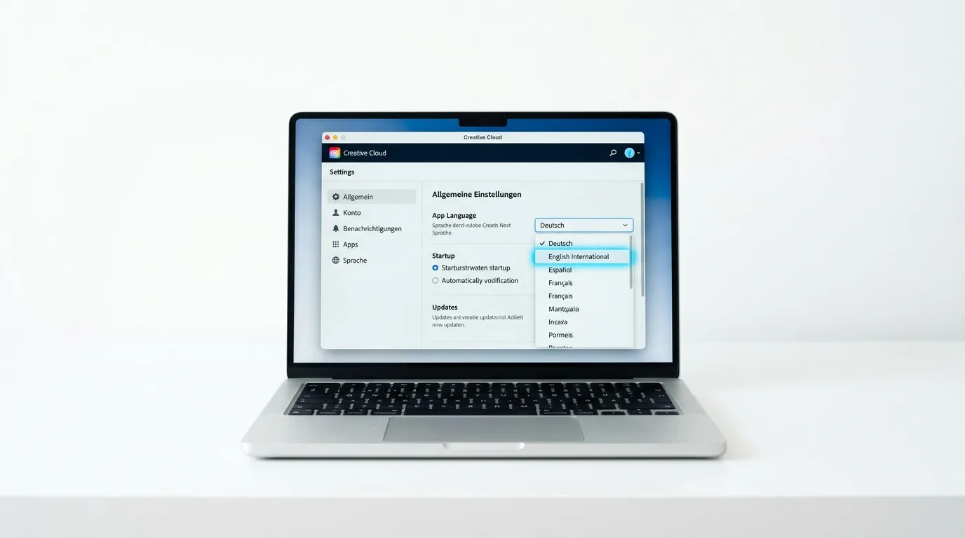 Laptop zeigt Adobe Creative Cloud-Einstellungen mit Sprachauswahlmenü