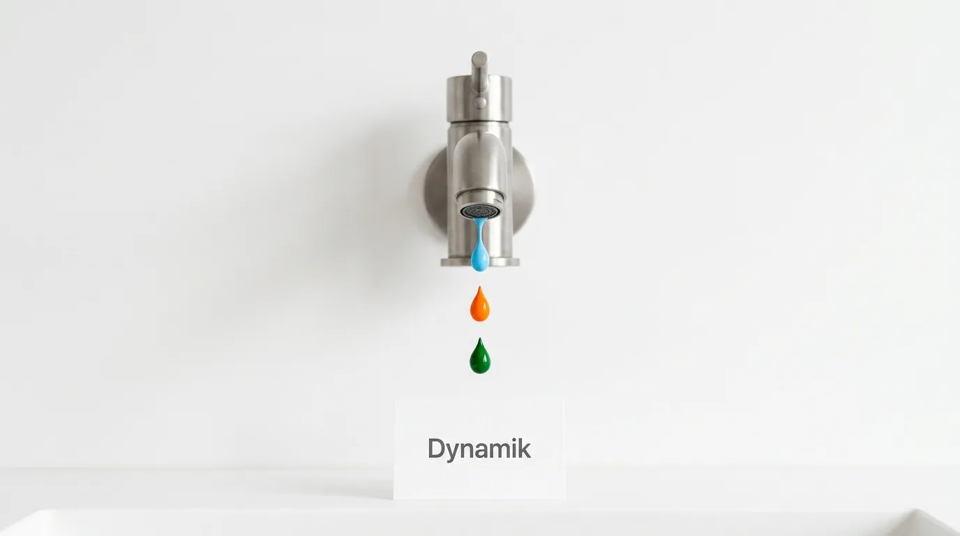 Aus einem Wasserhahn tropfen blaue, orangefarbene und grüne Farbe auf ein Schild mit dem Wort „Dynamik“