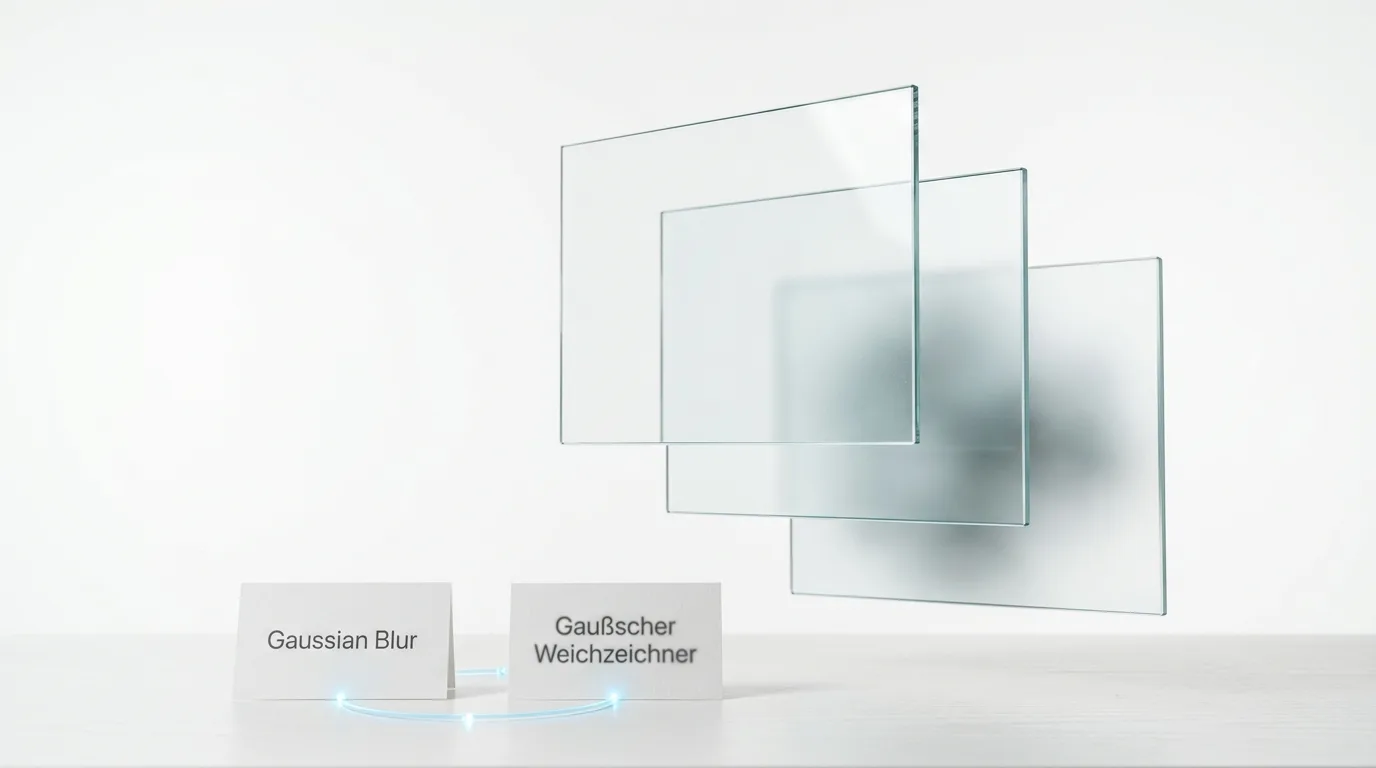 Drei Glasscheiben mit zunehmender Trübung und Beschriftung 