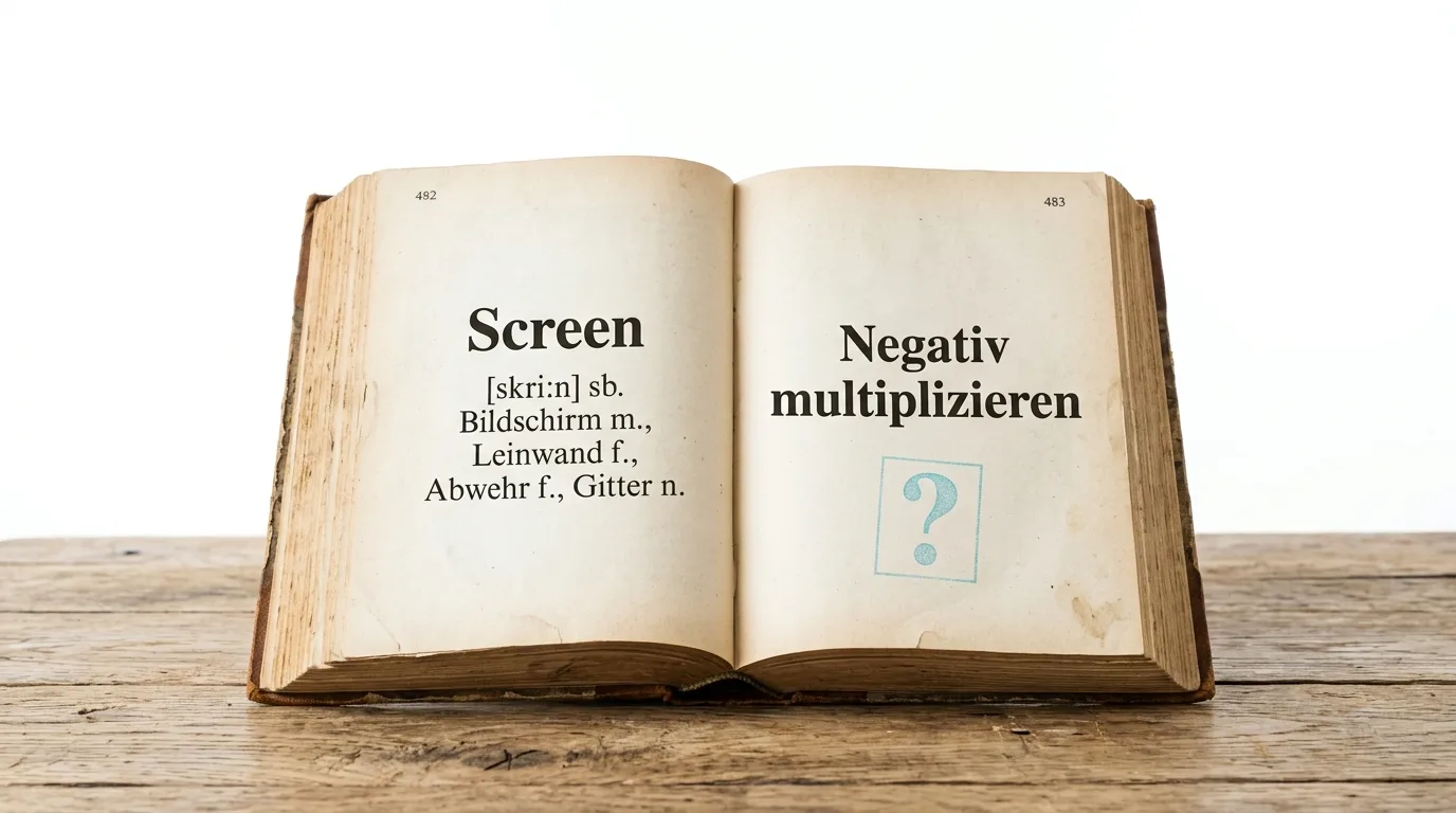 Ein altes Buch auf einem Holztisch, links das Wort „Screen“, rechts „Negativ multiplizieren“