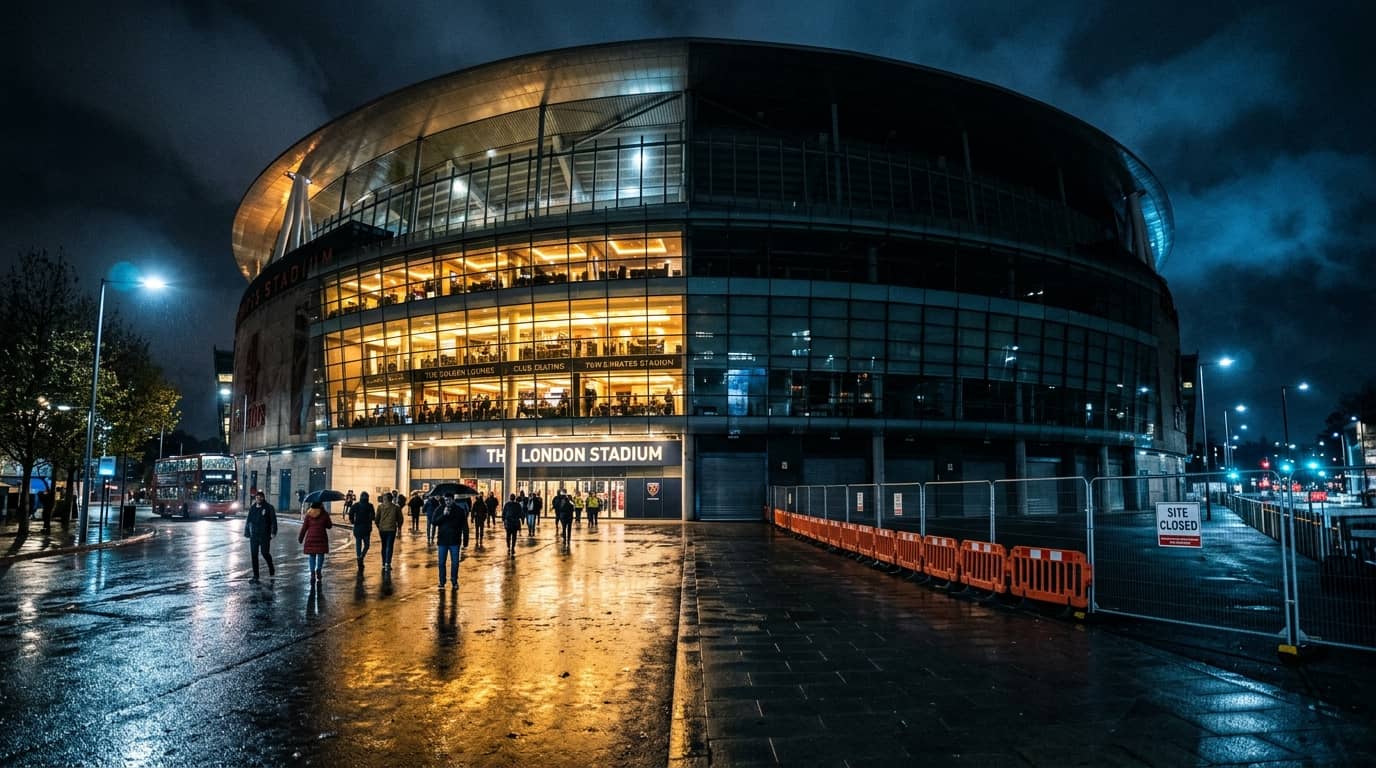 London Stadium bei Nacht, nasser Boden, Menschen, ein roter Bus, beleuchtete Fenster, Bauzäune