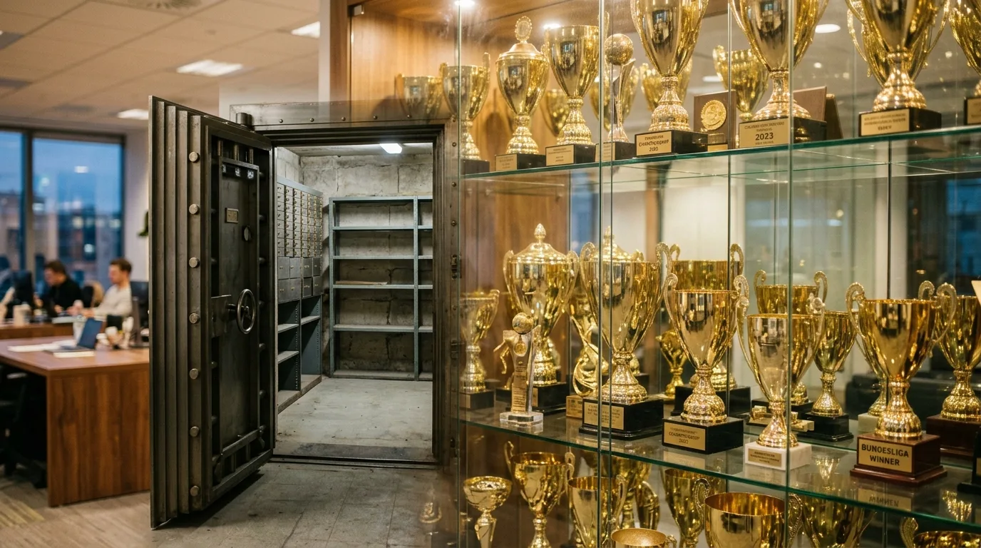 Büro mit geöffnetem Safe und einer Glasvitrine voller goldener Pokale im Vordergrund