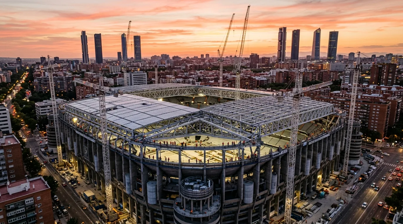 Luftaufnahme der Baustelle des Santiago-Bernabéu-Stadions bei Sonnenuntergang in Madrid