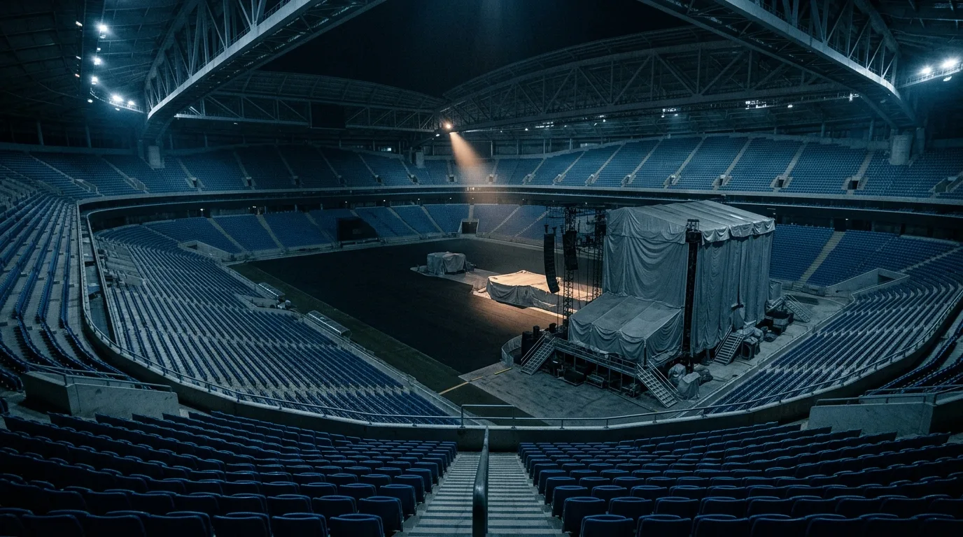 Leeres, modernes Stadion bei Nacht mit verhüllter Bühne und Lichtkegel im Zentrum