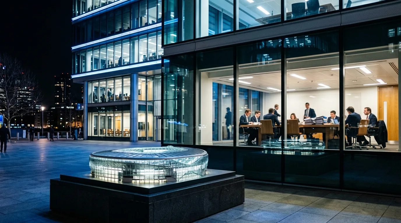 Beleuchtetes Glasbürogebäude bei Nacht mit Menschen, davor ein beleuchtetes Architekturmodell