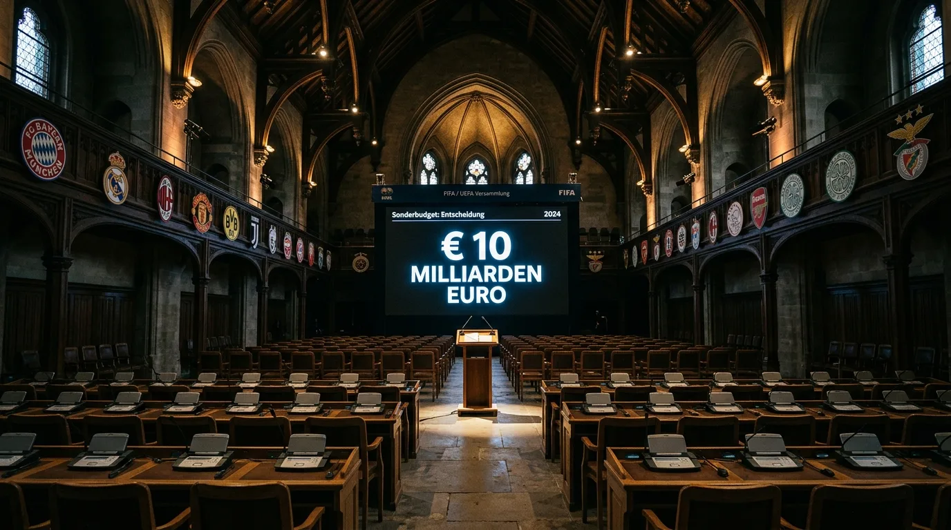 Versammlungssaal mit Wappen, Rednerpult und Bildschirm: „€ 10 MILLIARDEN EURO“