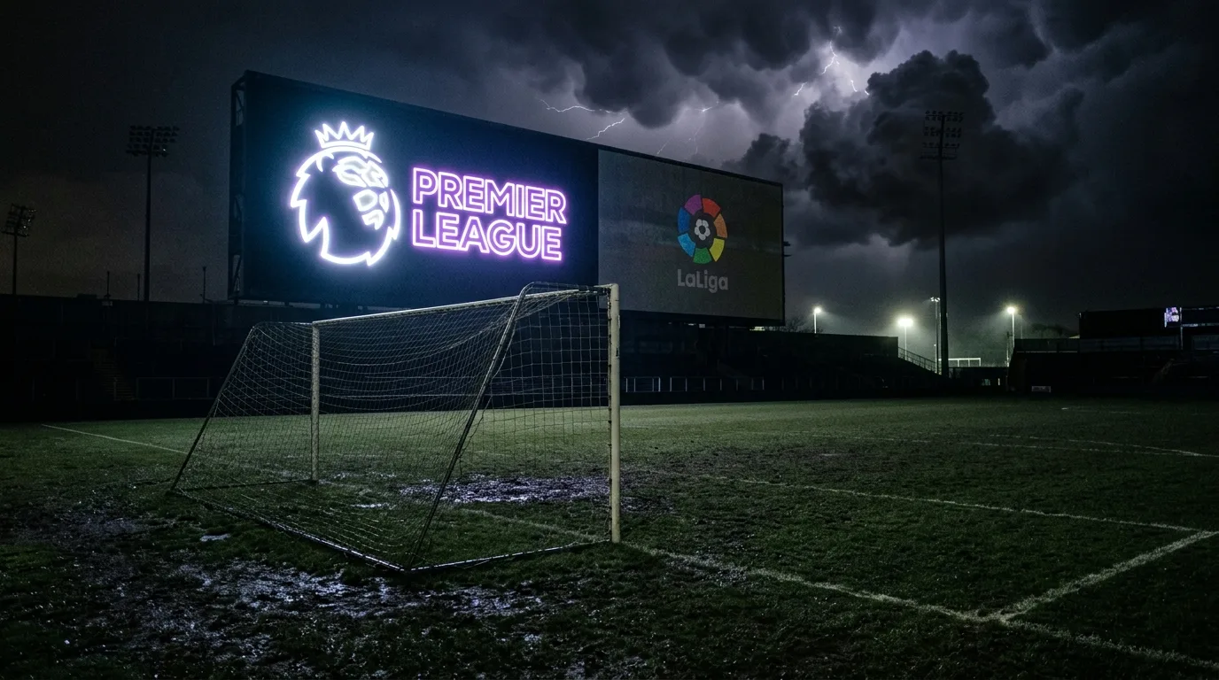 Fußballfeld bei Nacht mit Tor, beleuchteter Werbetafel und Gewitterhimmel