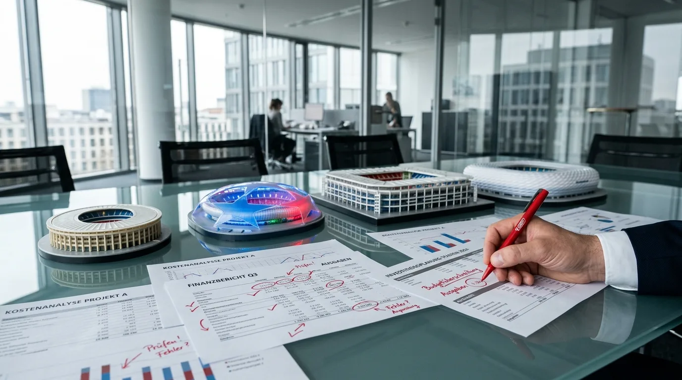 Büro: Hand korrigiert Finanzberichte mit rotem Stift. Im Hintergrund drei Stadionmodelle