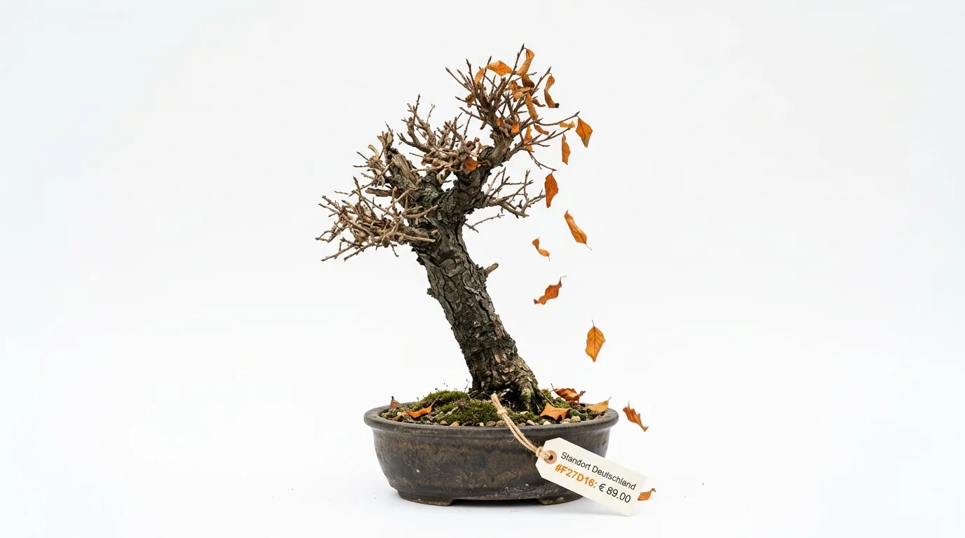 Bonsai-Baum im Herbst in einer Schale mit einem Preisschild davor auf weißem Hintergrund