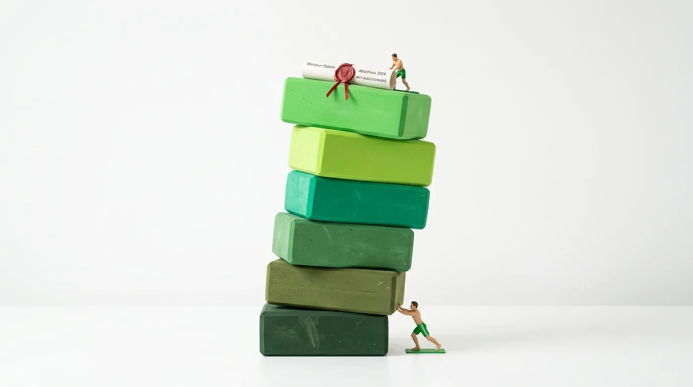 Grüner Klotzturm mit Diplom und zwei Miniaturfiguren, die drücken