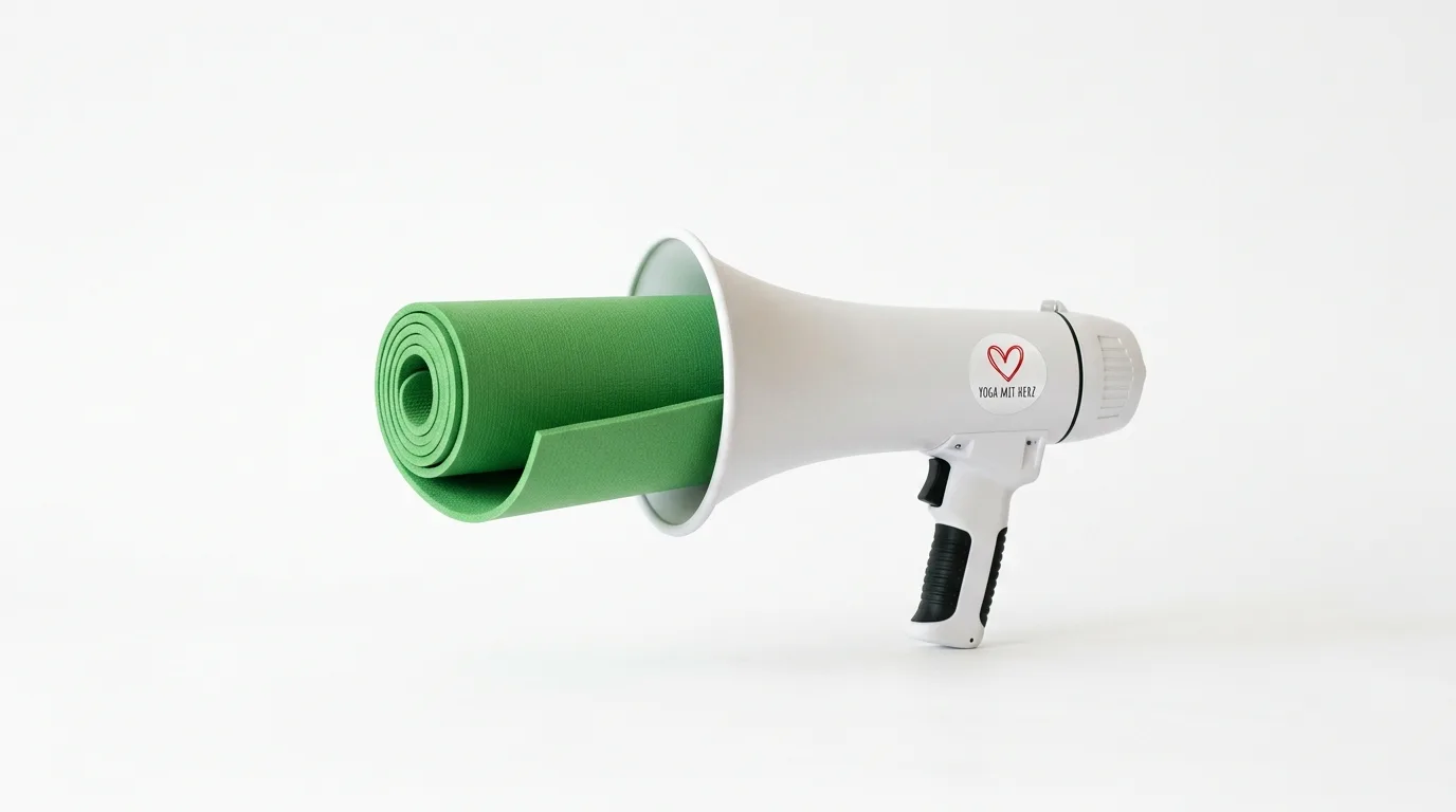Megafon mit Herzsticker, aus dessen Trichter eine grüne Yogamatte herausschaut