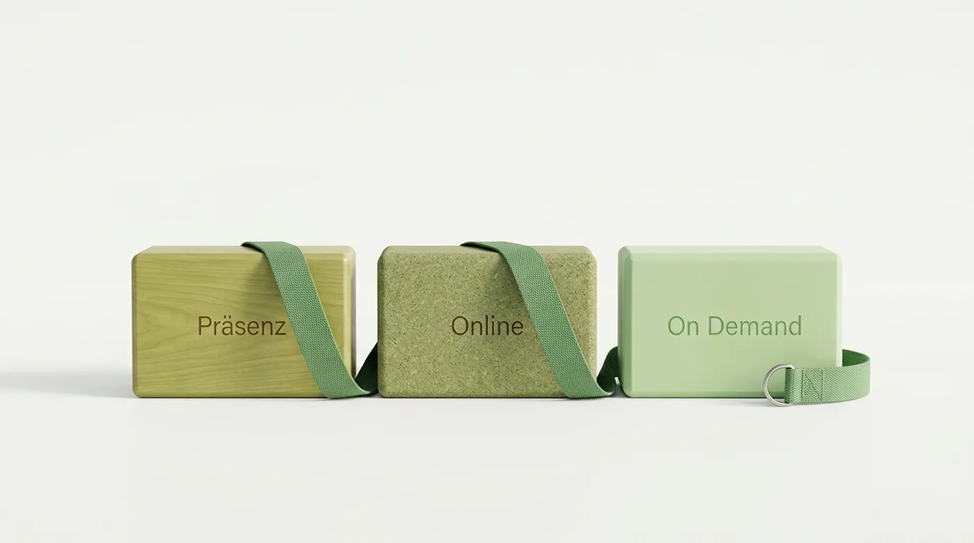 Drei Yogablöcke mit Beschriftungen und einem grünen Gurt vor hellem Hintergrund