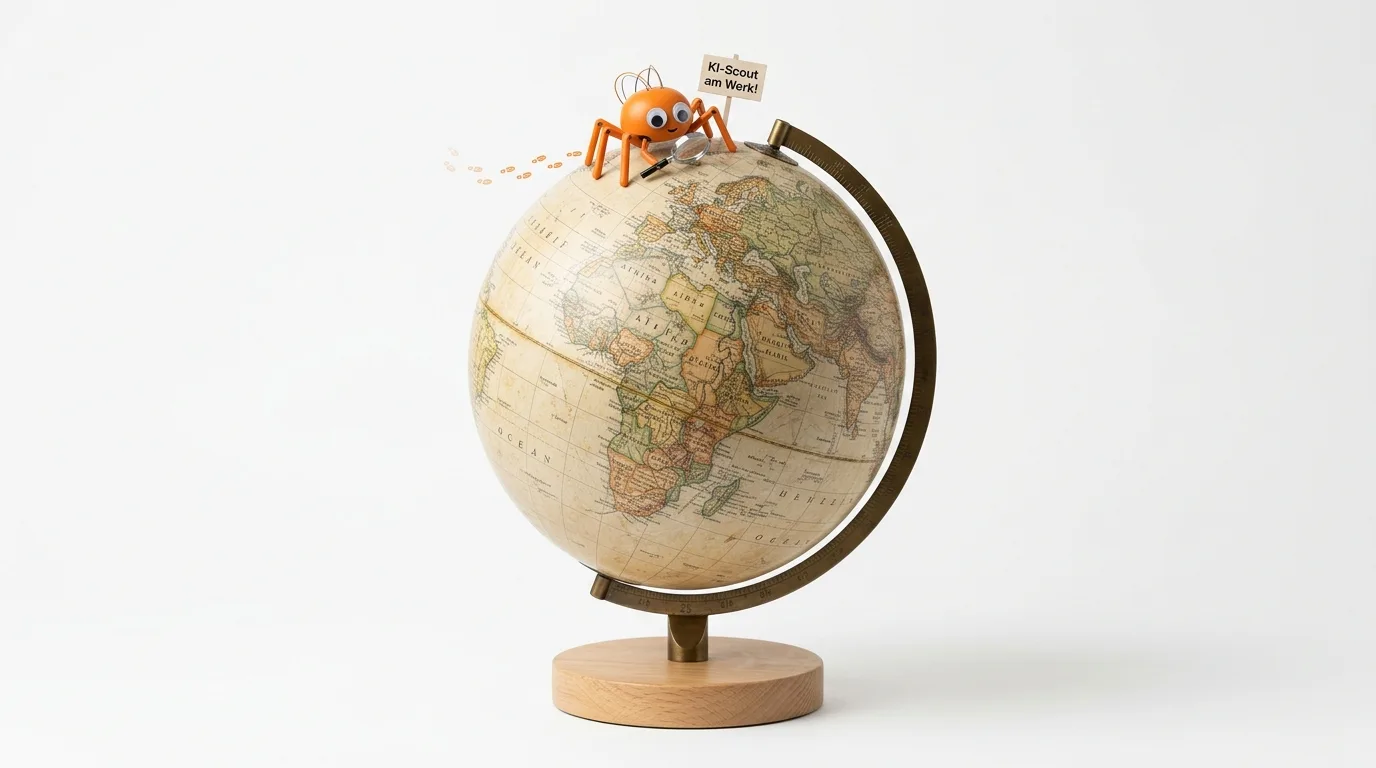 Ein Globus mit einer orangefarbenen Spinne, die eine Lupe und ein Schild hält