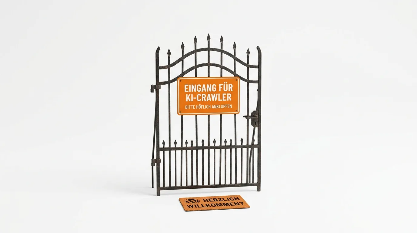 Gartentor vor weißem Hintergrund mit orangefarbenem Schild: „EINGANG FÜR KI-CRAWLER BITTE HÖFLICH ANKLOPFEN“ und Fußmatte mit WordPress-Logo und „HERZLICH WILLKOMMEN?“