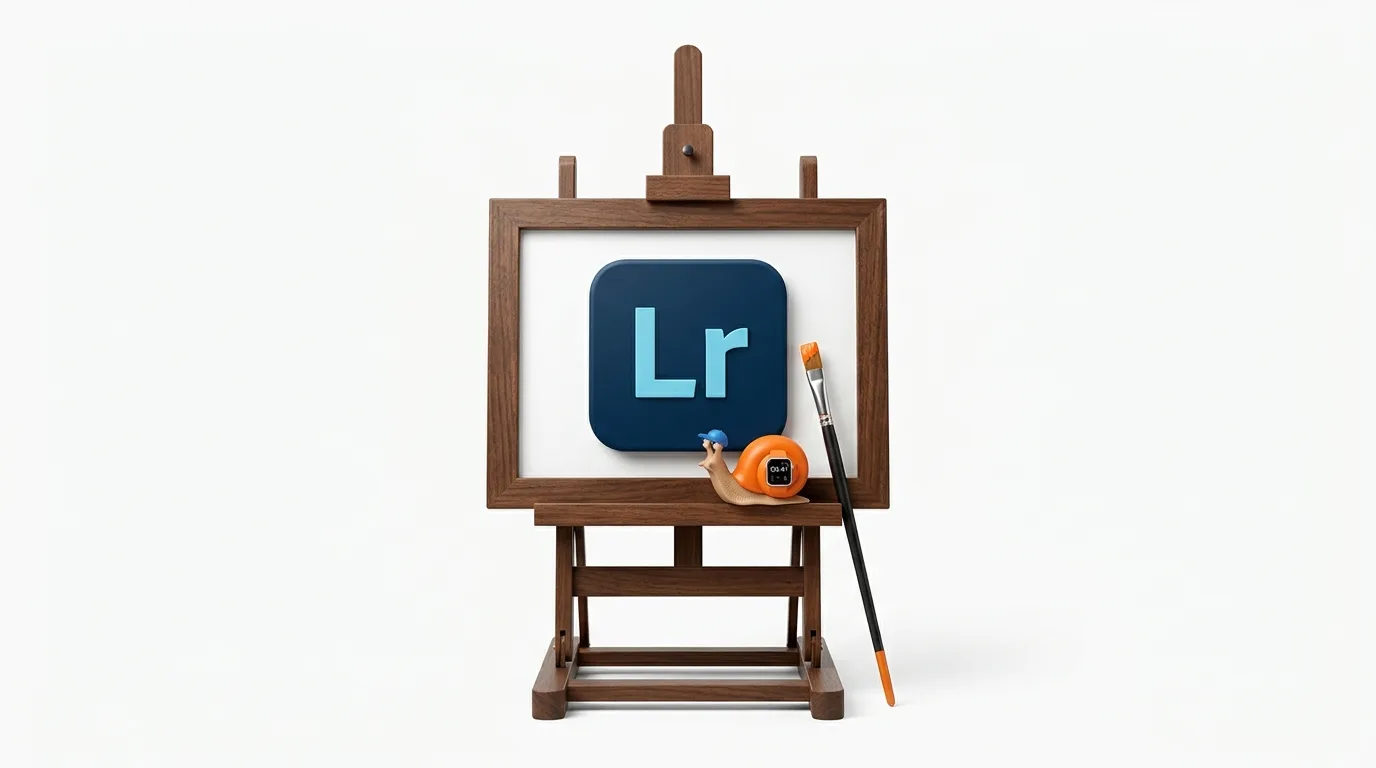 Holzstaffelei mit gerahmtem Adobe Lightroom-Logo, Spielzeugschnecke und Pinsel
