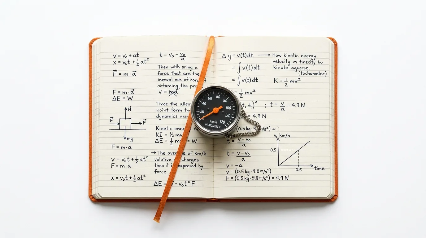 Notizbuch mit Physikformeln und Tachometer