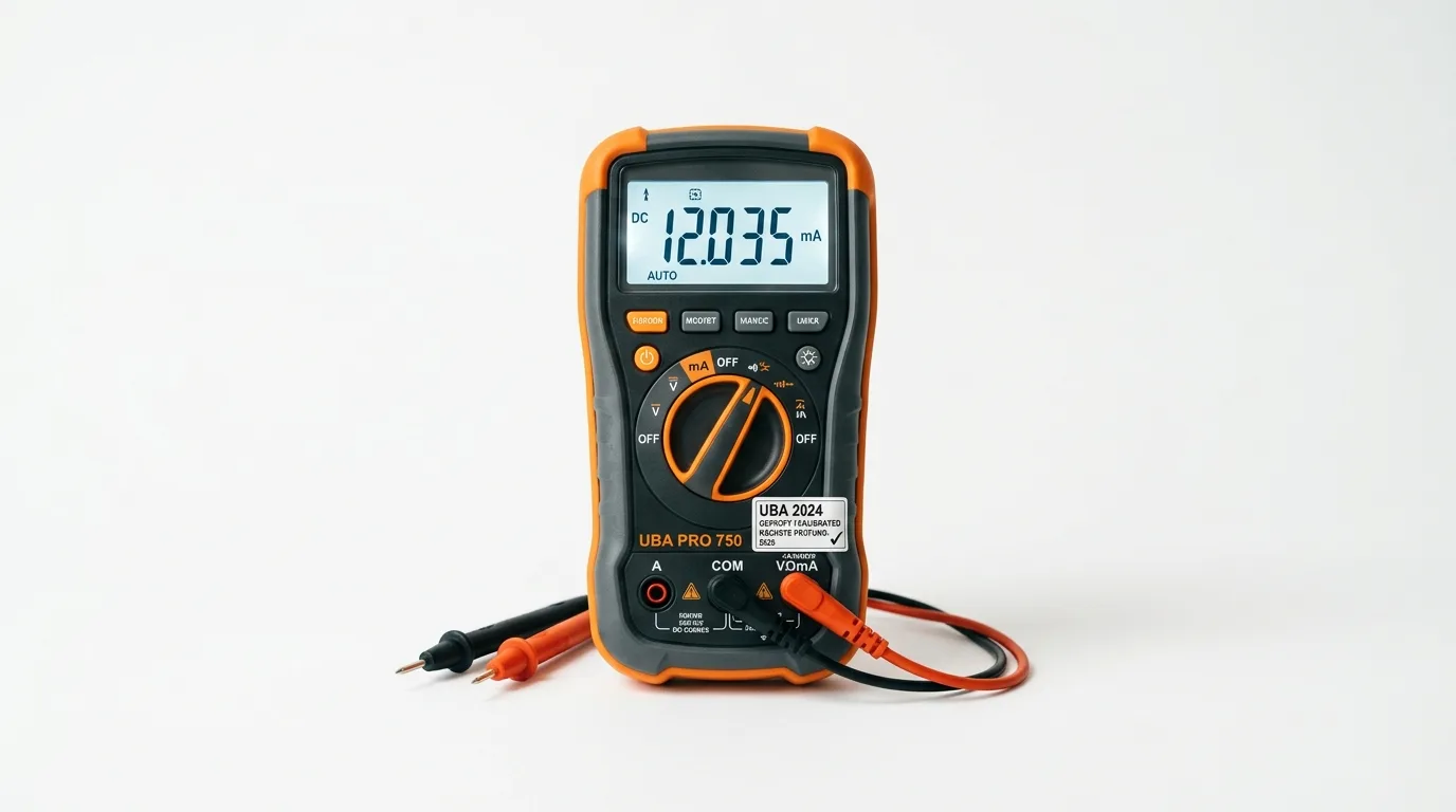 Digitalmultimeter UBA Pro 750 mit 12,035 mA DC-Anzeige und Messleitungen vor weißem Hintergrund