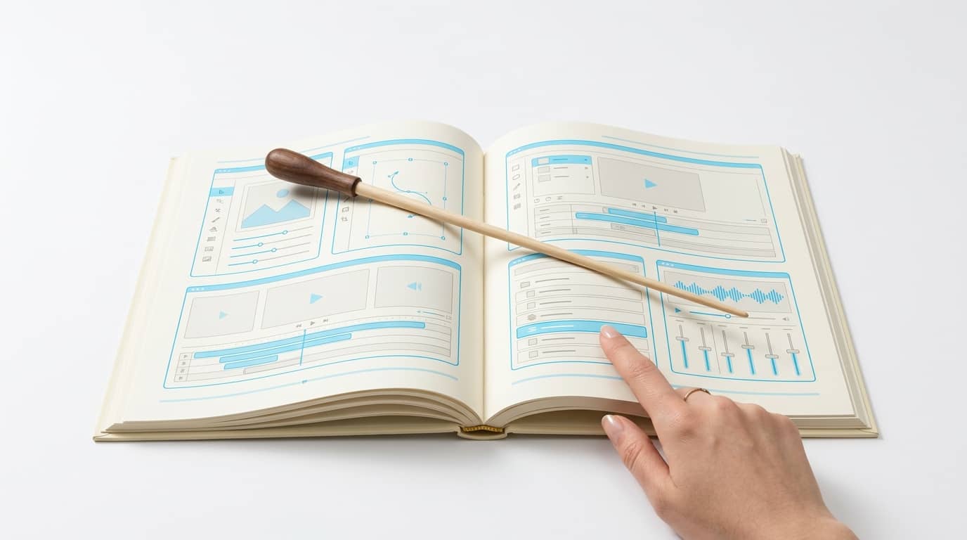 Offenes Buch mit blau skizzierten Bedienoberflächen, Dirigentenstab und deutendem Finger