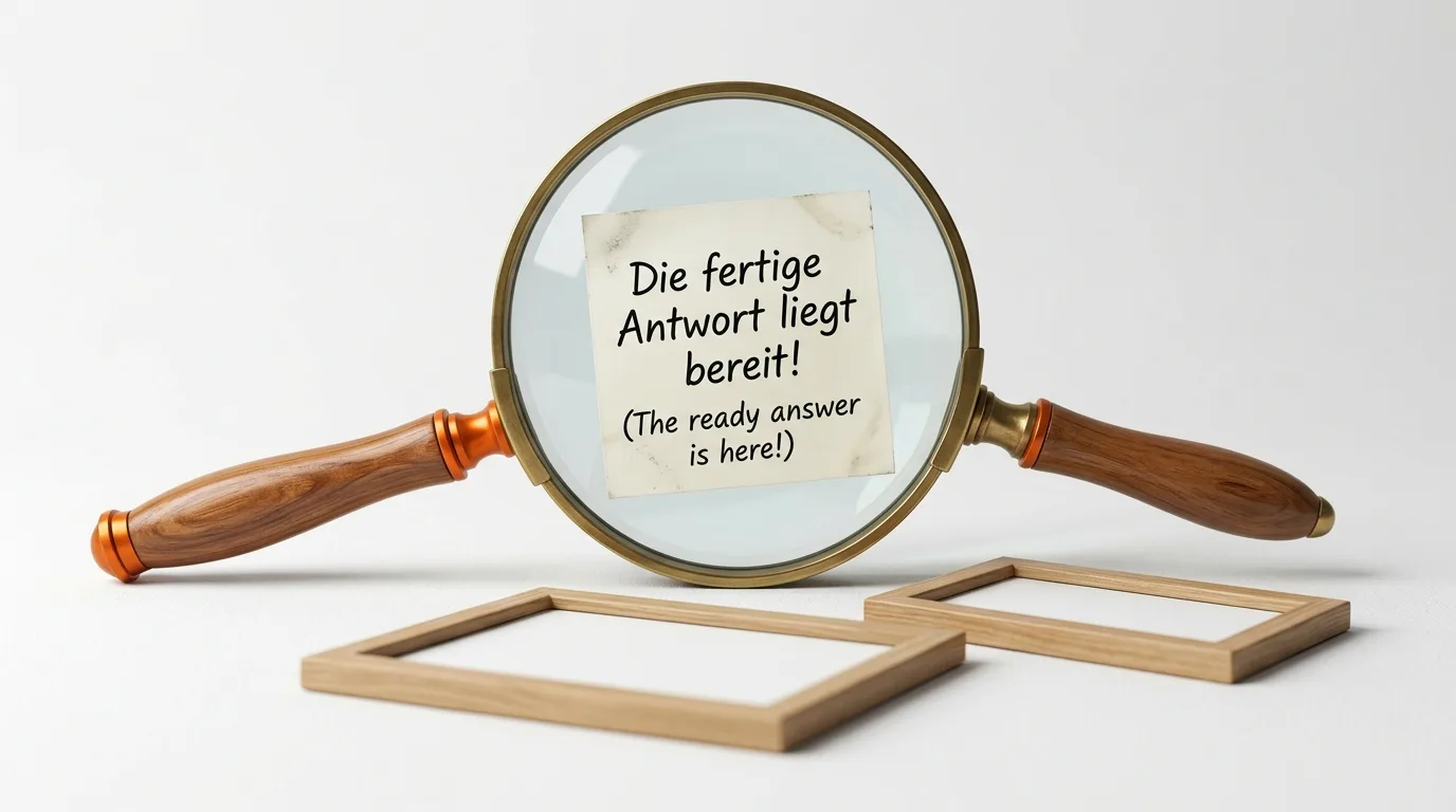 Lupe mit Text auf Zettel und zwei Holzrahmen davor auf weißem Grund