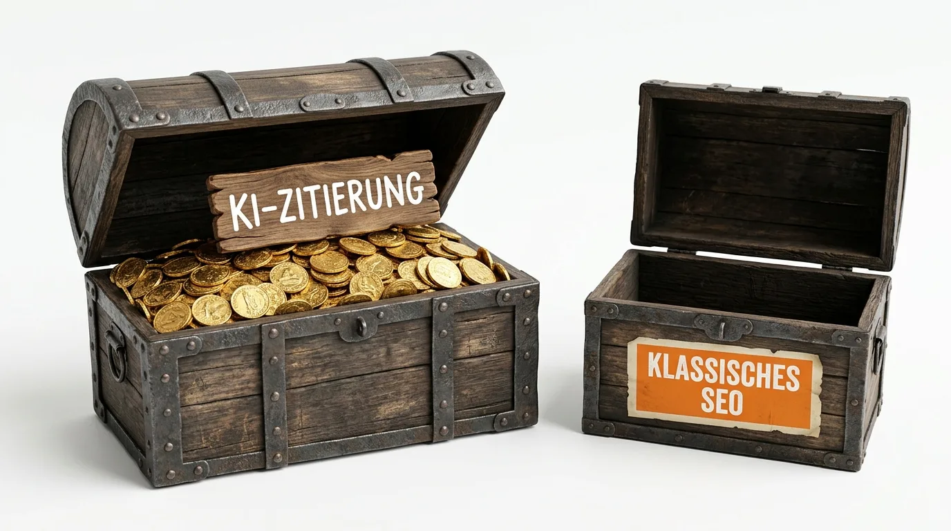 Volle Truhe „KI-ZITIERUNG“ neben leerer Truhe „KLASSISCHES SEO“