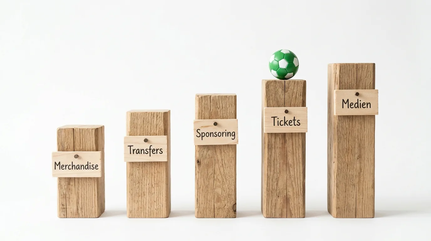 Fünf Holzsäulen als Balkendiagramm, Fußball-Einnahmequellen beschriftet, mit Fußball oben