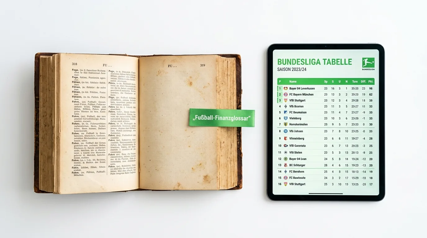 Ein offenes altes Buch mit grünem Lesezeichen neben einem Tablet mit Bundesliga-Tabelle