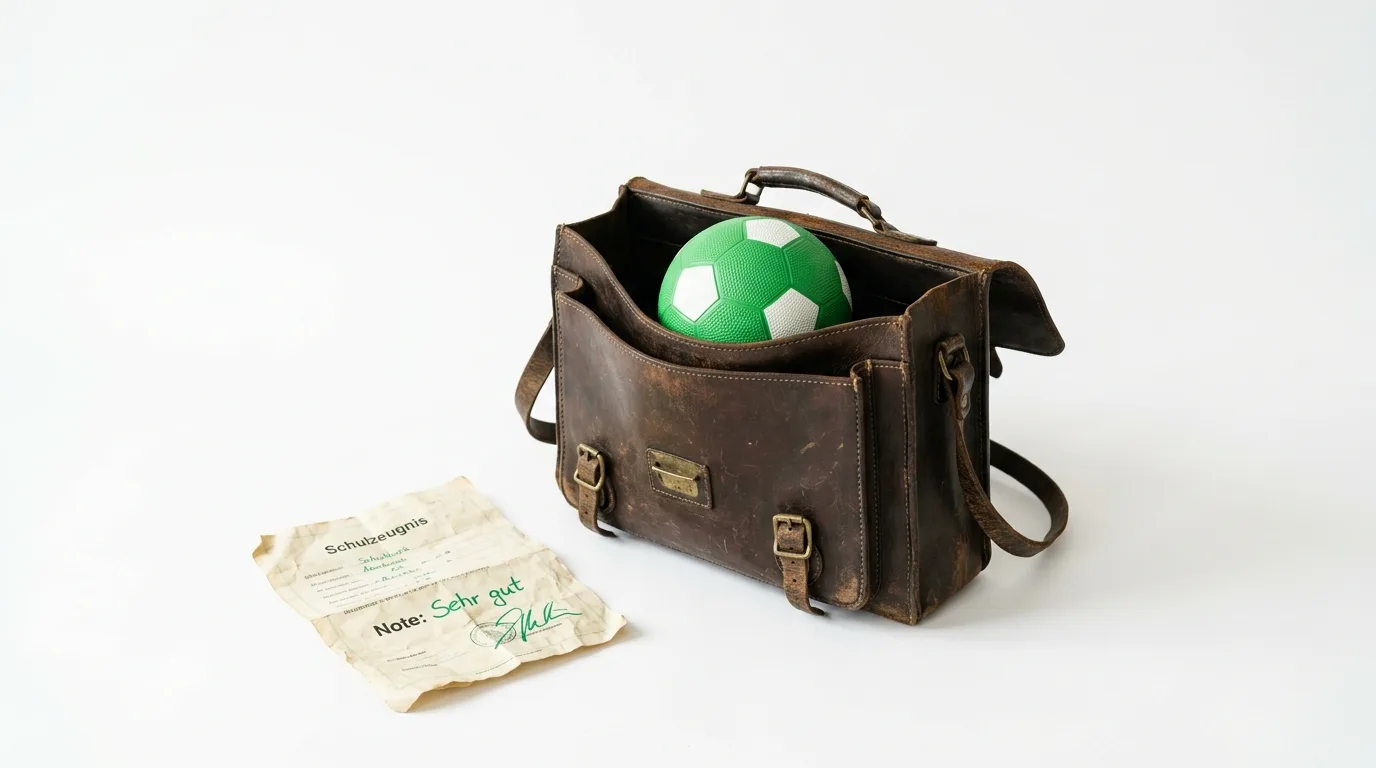 Geöffnete Ledertasche mit Fußball darin, daneben ein Schulzeugnis mit Note Sehr gut