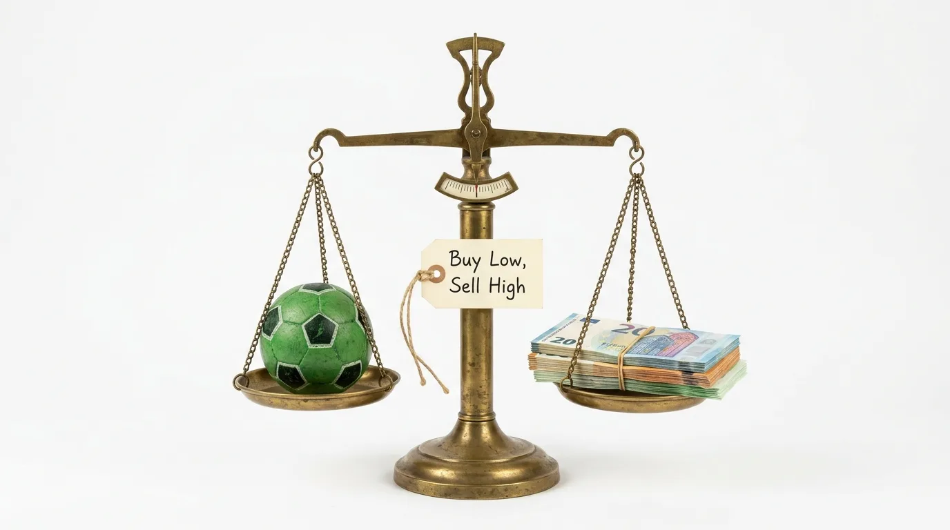 Waage mit grünem Ball, Euroscheinen und Anhänger „Buy Low, Sell High“ auf Weiß