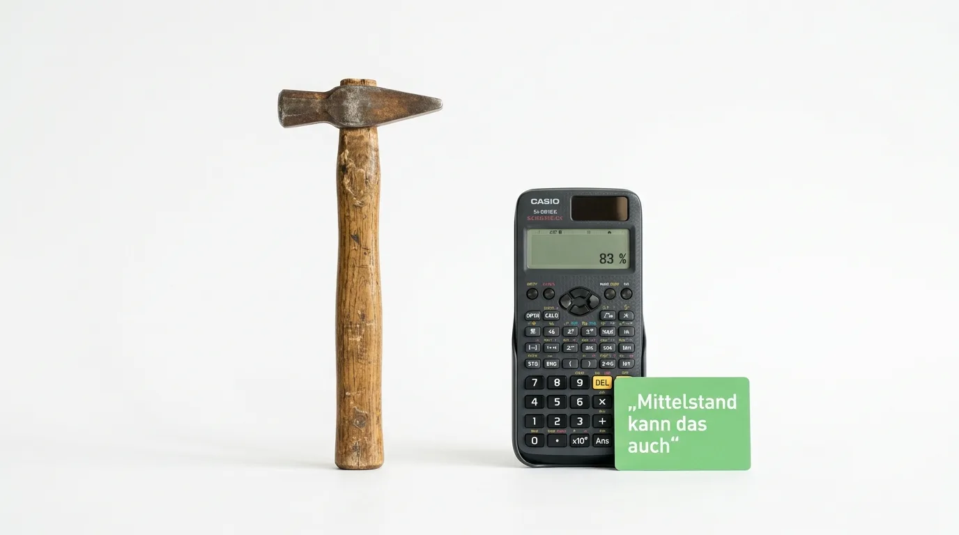 Hammer, Casio-Rechner mit „83 %“-Anzeige und grüne Karte vor weißem Hintergrund