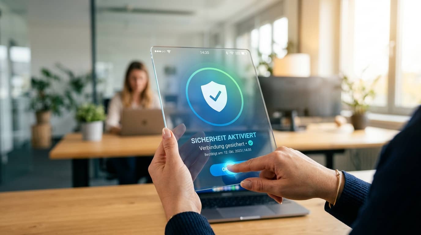 Person hält transparentes Tablet mit Sicherheitsmeldung im modernen Büro