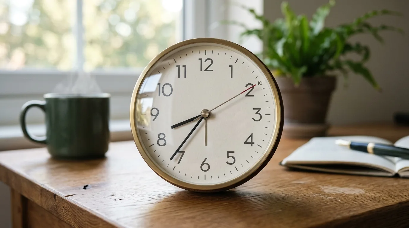 Eine runde Uhr mit goldfarbenem Rahmen steht auf einem Holztisch, davor links ein grüner Becher