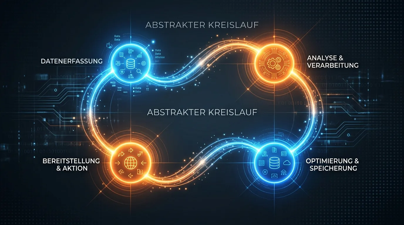 Grafik: abstrakter Datenkreislauf, 4 Phasen in Blau & Orange, technische Symbole & Texte