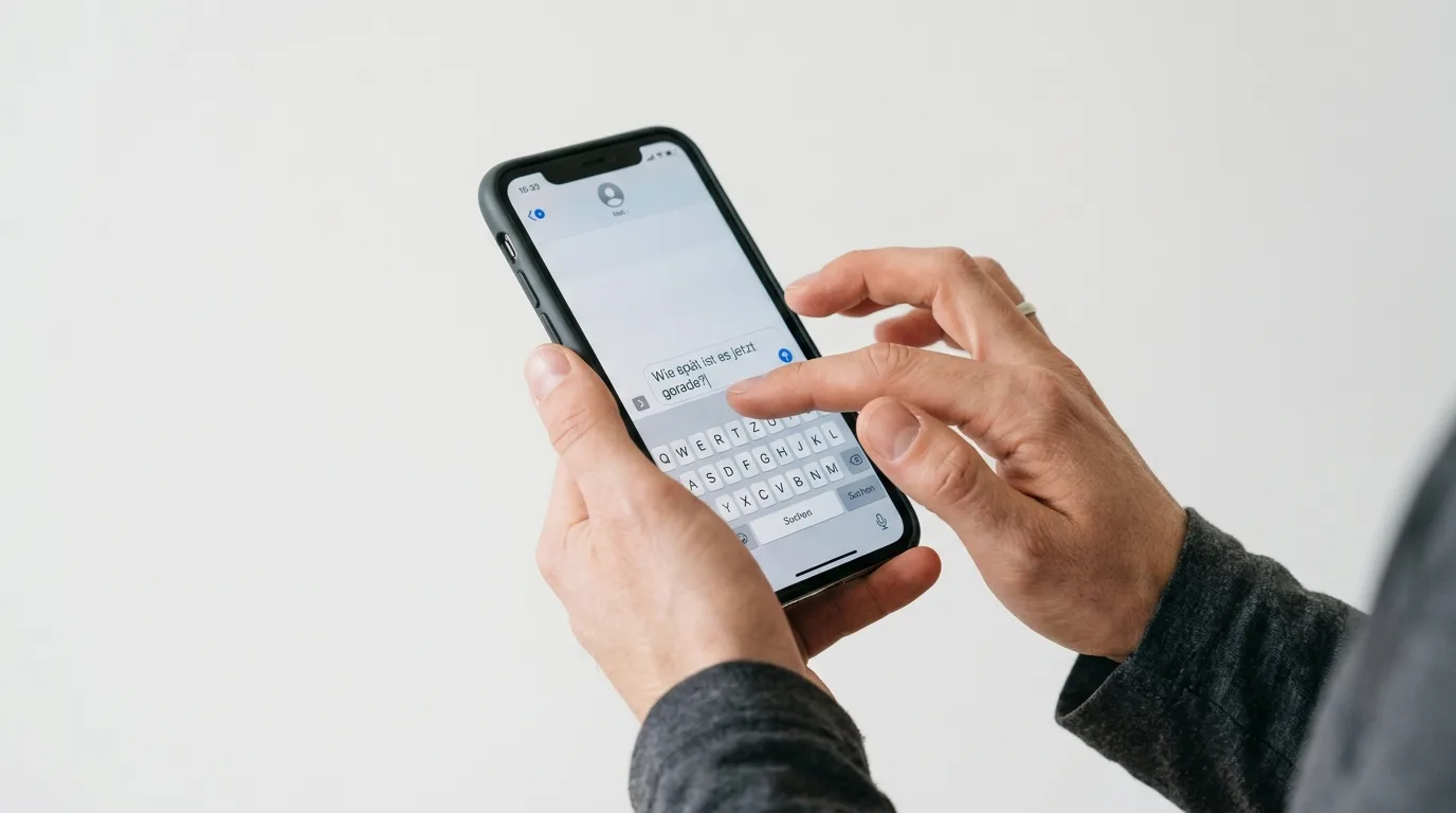 Nahaufnahme von Händen, die auf einem iPhone eine Textnachricht auf Deutsch tippen