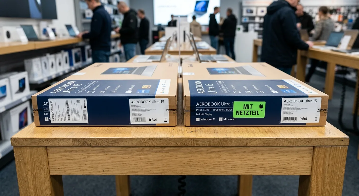 Zwei Laptop-Kartons auf Holztisch in Elektronikgeschäft. Rechter Karton mit „MIT NETZTEIL“-Sticker