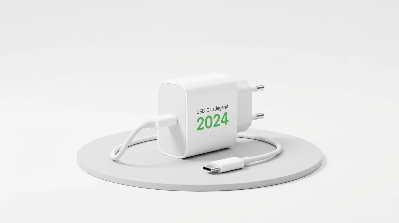 Weißes USB-C-Ladegerät mit Kabel auf grauem Podest, beschriftet mit „USB-C Ladegerät 2024“