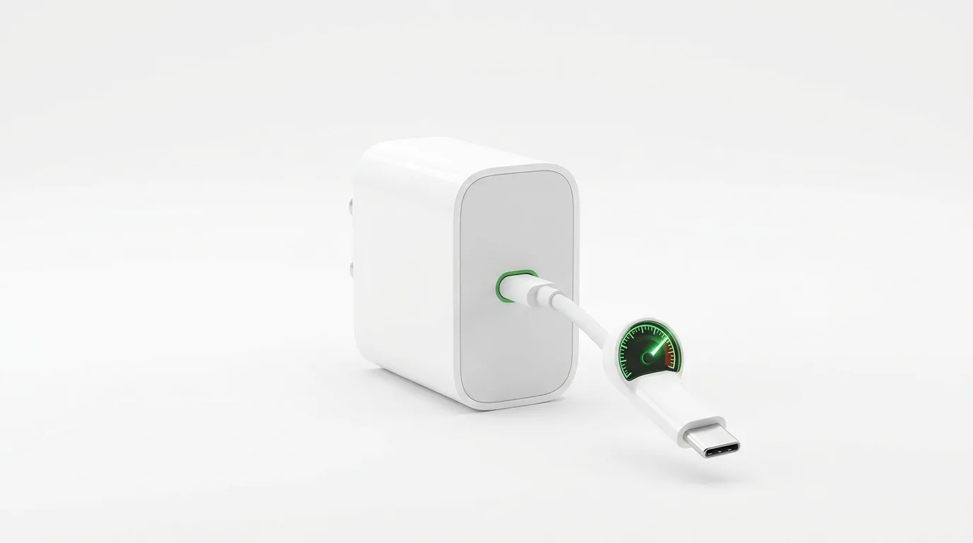 Weißes USB-C-Ladegerät mit Kabel, das eine Geschwindigkeitsanzeige im Stecker hat